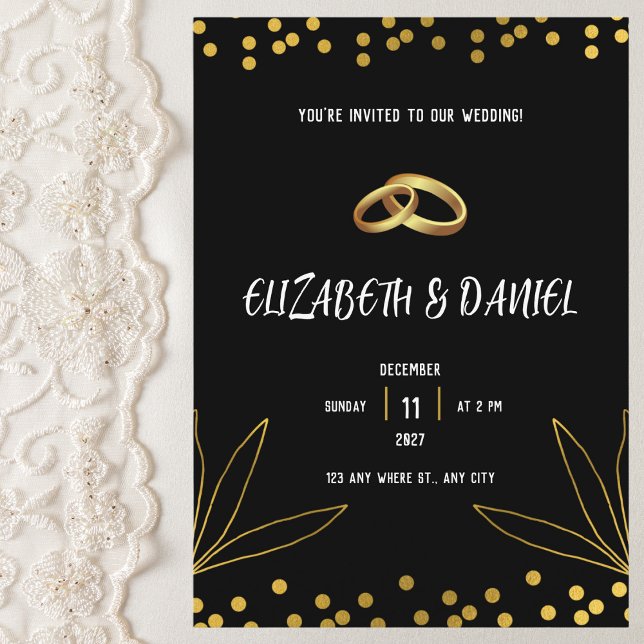 Invitation Élégante bague de Mariage noir et or (Créateur téléchargé)