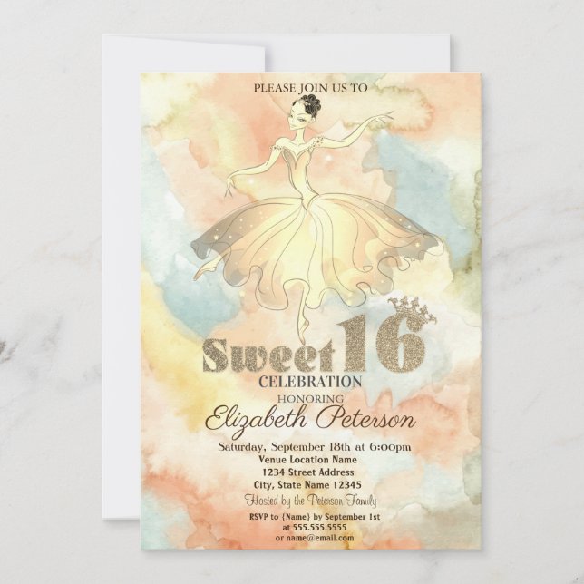 Invitation Elégante Ballerina Aquarelle Splash Sweet 16 (Devant)