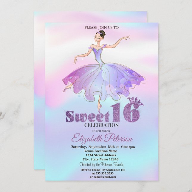 Invitation Elégante Ballerina colorée Ombre Sweet 16 (Devant / Derrière)