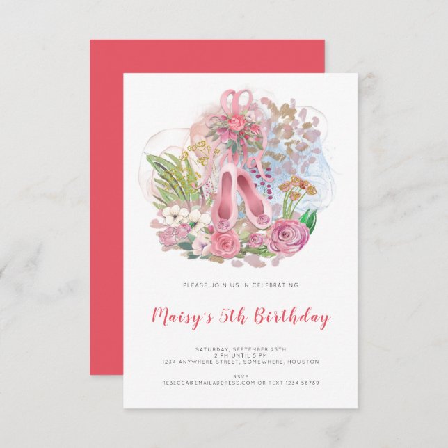 Invitation Elégante Ballet Chaussures Rose Girl 5e fête d'ann (Devant / Derrière)