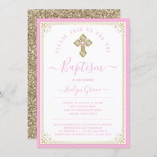 Invitation Élégante Baptême Pink Light Gold Girl