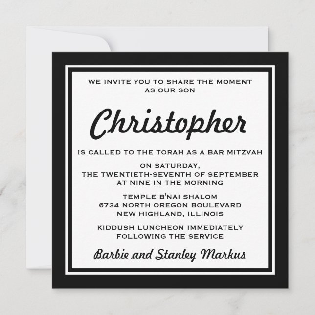 Invitation Élégante Bar Mitzvah noir et blanc (Devant)