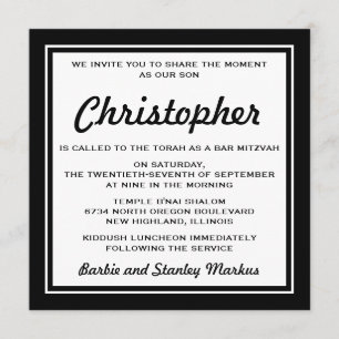 Invitation Élégante Bar Mitzvah noir et blanc