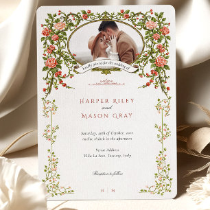 Invitation Élégante Baroque Photo de Mariage Florale Or