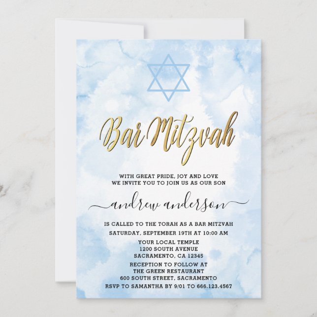 Invitation Elégante barre d'aquarelle bleu Mitzvah (Devant)