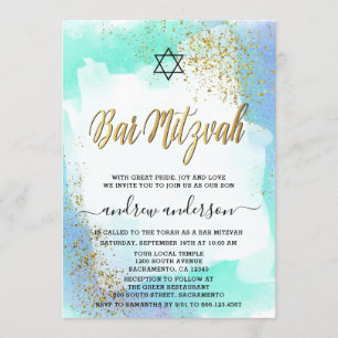Invitation Elégante Barre D'Aquarelle Bleue Et Or Mitzvah