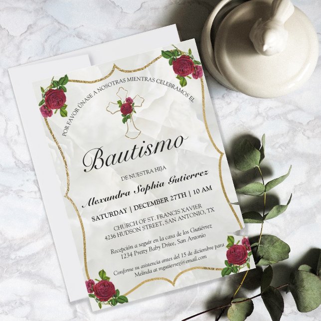 Invitation Elegante Bautismo de Bebé de Oro Rosa Rojo (Créateur téléchargé)