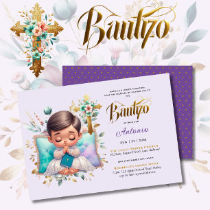 Invitation Elégante BAUTIZO Lilac Gold Floral Cross