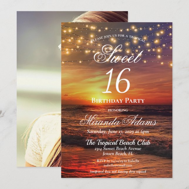 Invitation Élégante Beach String Lights Summer Anniversaire P (Devant / Derrière)
