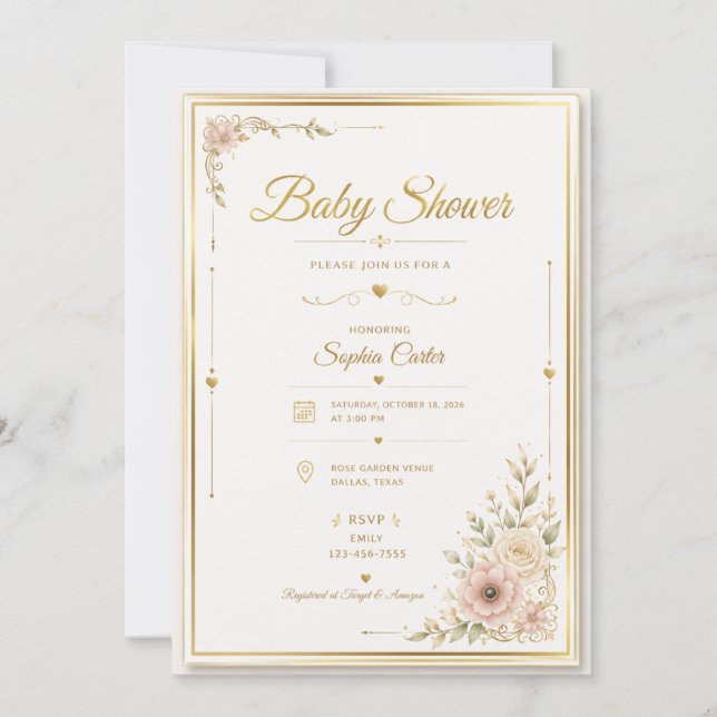 Invitation élégante beige pour baby shower (Devant)