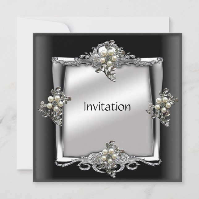 Invitation Élégante Bijou Perle Noir Argent (Devant)