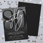 Invitation Elégante Black 80th Birthday Party<br><div class="desc">Célébrez quatre-vingts ans de style avec cette invitation moderne de fête du 80e anniversaire noir et gris. Le design est composé d'un grand "80" noir sur la plupart des cartes, et d'un "80" blanc écrit à la main pour un look audacieux et contemporain. L'arrière - plan gris crée un effet...</div>