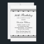 Invitation Elégante Black 90th Birthday Party Celebration<br><div class="desc">Élégante et chic invitation de fête d'anniversaire de jalon comprend un en-tête de script avec du texte personnalisé et des détails de bordure damassé / rayé. Design carré. Couleurs classiques en noir et blanc.</div>