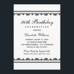Invitation Elégante Black 90th Birthday Party Fête<br><div class="desc">Élégante et chic invitation de fête d'anniversaire de jalon comprend un en-tête de script avec du texte personnalisé et des détails de bordure damassé / rayé. Design carré. Couleurs classiques en noir et blanc.</div>