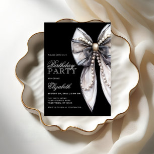 Invitation Elégante Black Bow et Pearl Birthday Party