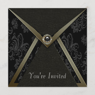 Invitation Elégante Black Damask Black and Gold Party