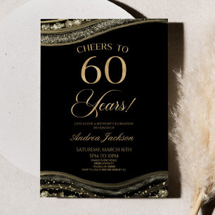 Invitation Elégante Black Gold Agate 60e fête d'anniversaire