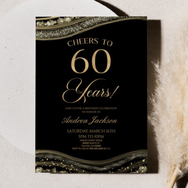 Invitation Elégante Black Gold Agate 60e fête d'anniversaire (Créateur téléchargé)
