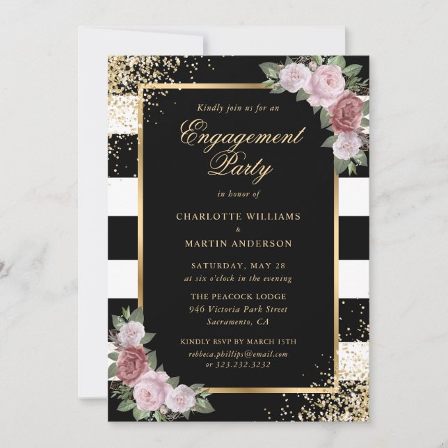 Invitation Élégante Black Gold Blush Floral Engagement Party (Devant)