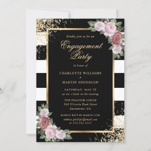 Invitation Élégante Black Gold Blush Floral Engagement Party