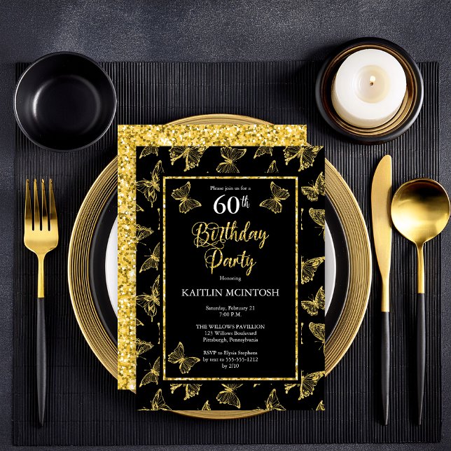 Invitation Elégante Black Gold Butterflies 60e fête d'anniver (Elegant Black and Faux Gold Glitter Butterflies 60th Birthday Party Invitation - Print | Digital)
