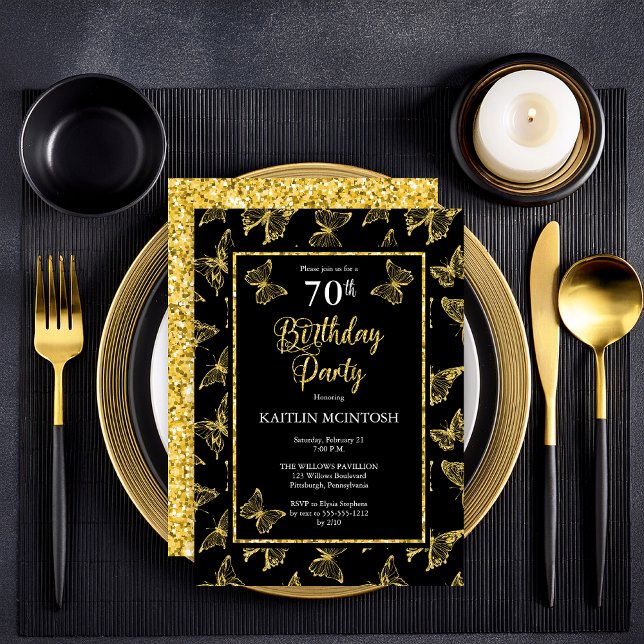 Invitation Elégante Black Gold Butterflies 70e fête d'anniver (Elegant Black and Faux Gold Glitter Butterflies 70th Birthday Party Invitation - Print | Digital)