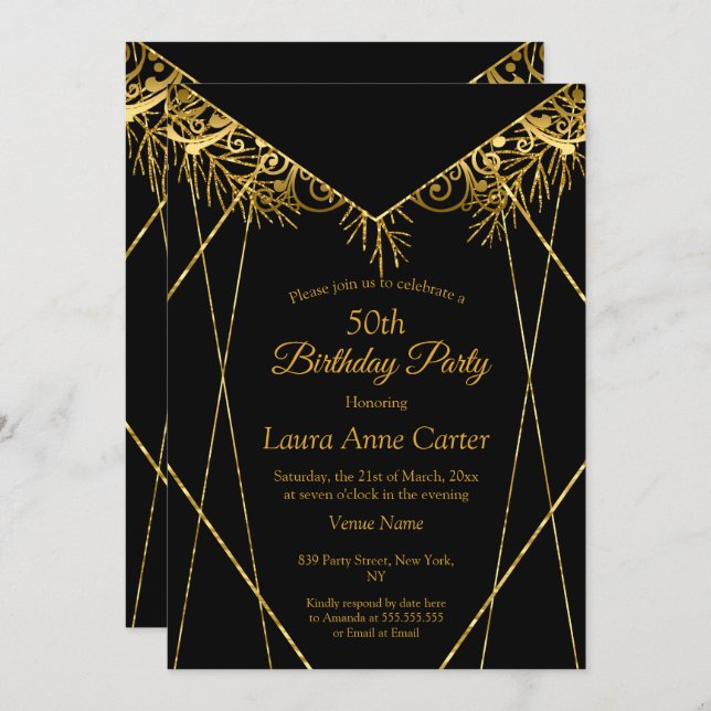 Invitation Elégante Black Gold Faux Foil 50e fête d'anniversa (Devant / Derrière)