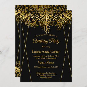 Invitation Elégante Black Gold Faux Foil fête d'anniversaire