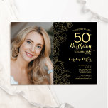 Invitation Elégante Black Gold Floral Photo 50e anniversaire<br><div class="desc">Invitation à la fête du 50e anniversaire en or noir avec votre photo sur le devant de la carte. Design moderne minimaliste avec accents de dessin botanique, fausse feuille d'or et police de script de typographie. Carte invitation simple et tendance, parfaite pour une célébration anniversaire élégante. Peut être customisé à...</div>