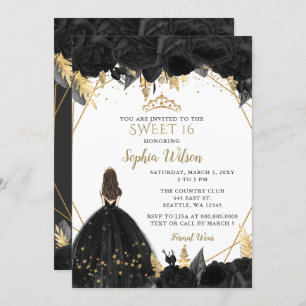 Invitation Elégante Black Gold Floral Princess SWEET 16