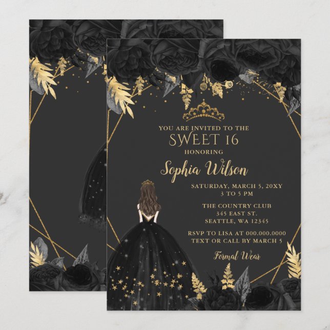 Invitation Elégante Black Gold Floral Princess SWEET 16 (Devant / Derrière)