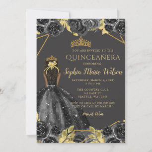 Invitation Elégante Black Gold Floral Princesse Quinceañera