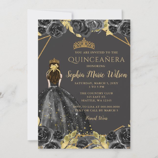 Invitation Elégante Black Gold Floral Princesse Quinceañera (Devant)