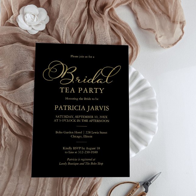 Invitation Élégante Black Gold Foil Script Bridal Tea Party (Créateur téléchargé)