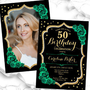 Invitation Elégante Black Gold Green Photo 50e anniversaire