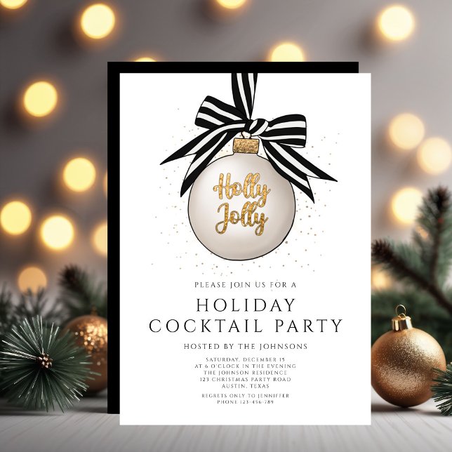 Invitation Élégante Black Gold Holiday Cocktail Party (Elegant Black White Gold Holiday Cocktail Party Invitation)