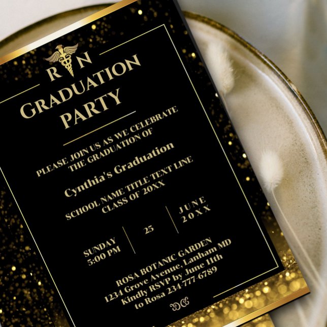 Invitation Élégante Black & Gold Médicale Graduation Party (Elegant Black & Gold Medical Graduation Party Invitation #goldinvitation #graduationgold #luxuryinvi)