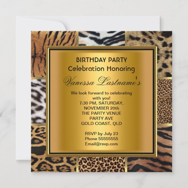 Invitation Élégante Black Gold Mixte Animal Birthday Party (Devant)
