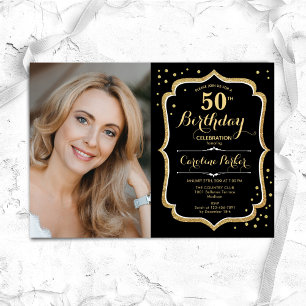 Invitation Elégante Black Gold Photo 50e anniversaire