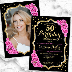 Invitation Elégante Black Gold Pink Photo 50e anniversaire