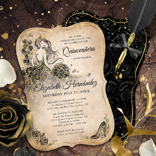 Invitation Elégante Black Gold Princesse Quinceanera Annivers