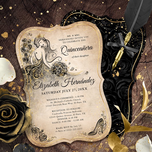 Invitation Elégante Black Gold Princesse Quinceanera Annivers (Unique, elegant black and gold princess quinceanera invitations on an easy DIY template.)