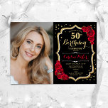 Invitation Elégante Black Gold Red Photo 50e anniversaire<br><div class="desc">Elégante invitation à 50ème anniversaire fleurie avec votre photo. Design noir rouge glam avec faux or parties scintillant. Comprend des roses rouges, des caractères de script et des confettis. Parfait pour une fête anniversaire adulte élégante. Personnalisez avec vos propres détails. Peut être customisé pour n'importe quel âge ! Invitations Zazzle...</div>
