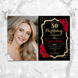Invitation Elégante Black Gold Red Photo 50e anniversaire