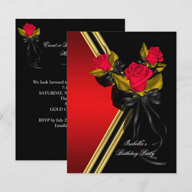 Invitation Elégante Black Gold Red Roses fête d'anniversaire (Devant / Derrière)