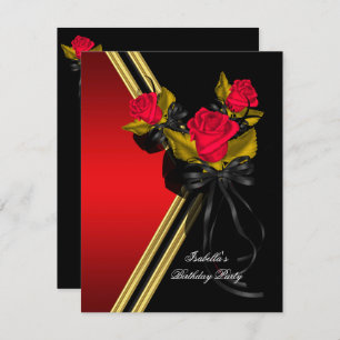 Invitation Elégante Black Gold Red Roses fête d'anniversaire