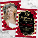 Invitation Elégante Black Gold Red Roses Photo 50e anniversai<br><div class="desc">Elégante invitation à 50e anniversaire fleurie avec votre photo au verso de la carte. Noir noir blanc rouge design avec faux or parties scintillant. Comprend des rayures, des roses rouges, des caractères de script et des confettis. Parfait pour une fête anniversaire adulte élégante. Personnalisez avec vos propres détails. Peut être...</div>