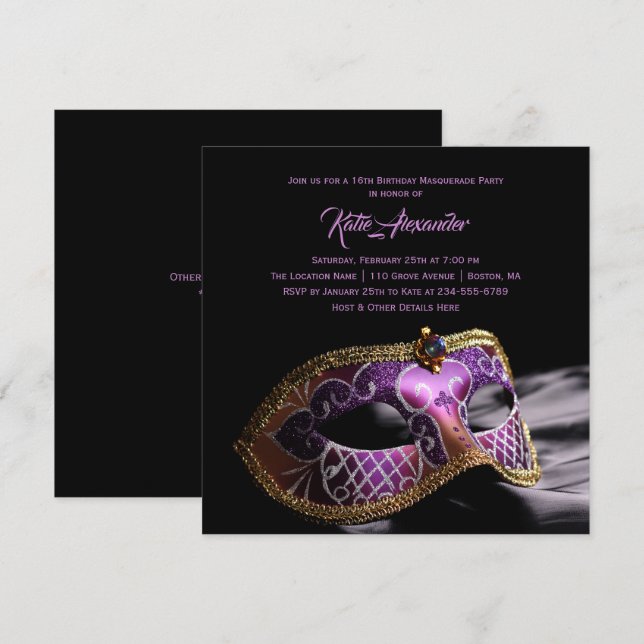 Invitation Élégante Black Purple Sweet 16 Masquerade Party (Devant / Derrière)