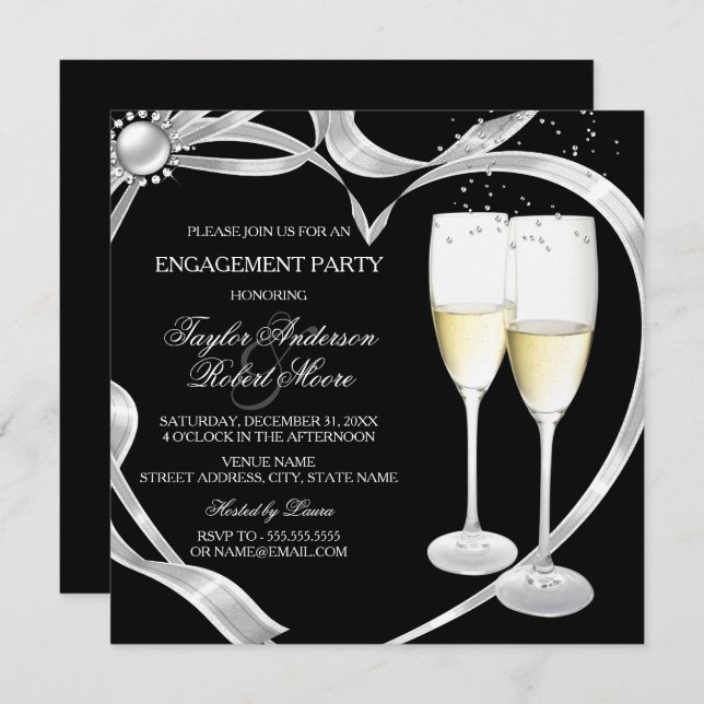 Invitation Élégante Black Silver & Gold Engagement Party (Devant / Derrière)