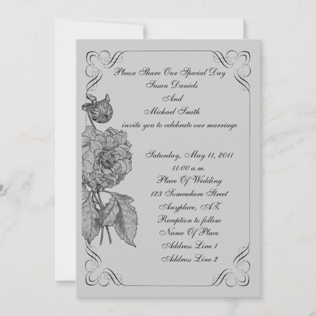 Invitation Elégante Black Silver Peony Mariage Fleur Invitati (Devant)
